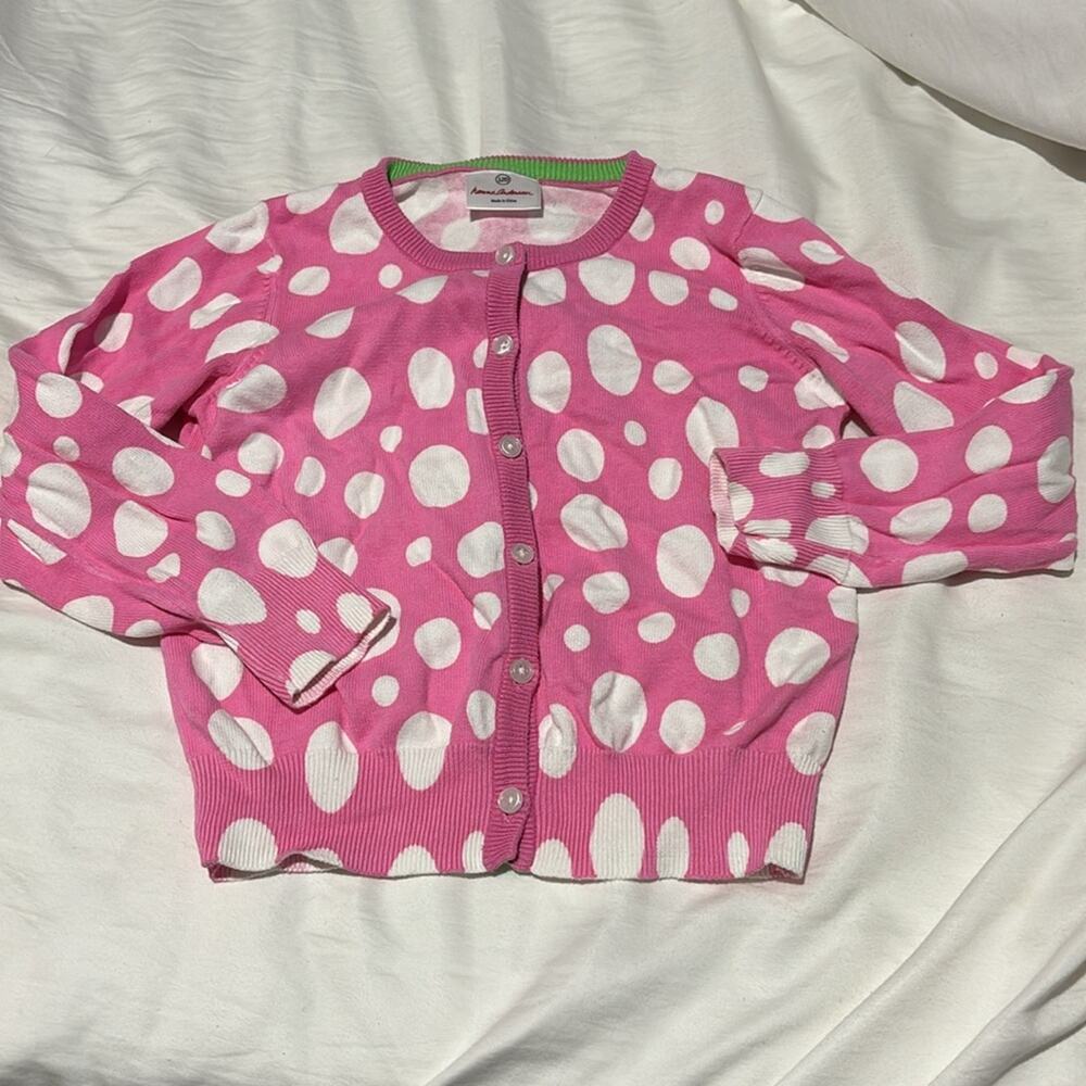 Hanna Andersson 120 6/7 bubble gum pink white multi polka dot cardigan euc